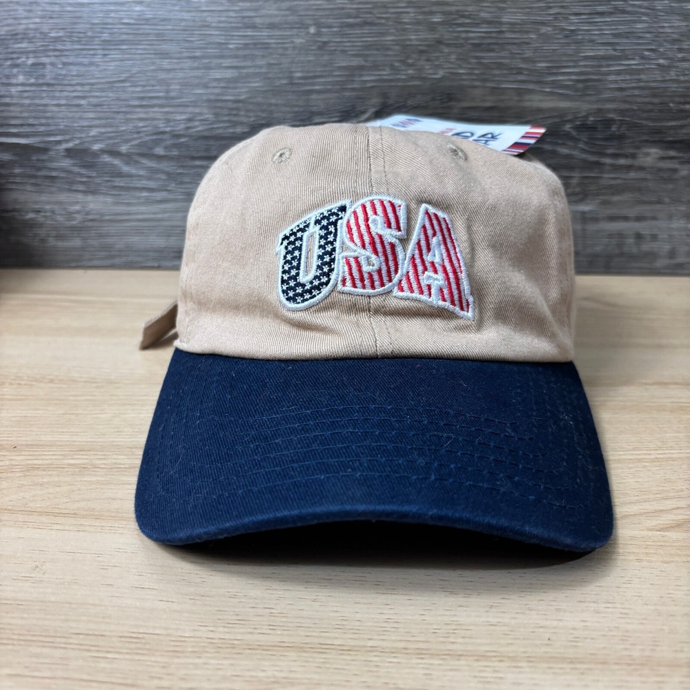 USA Hat Cap Strap Back Brown American Flag Logo One Size Adjustable NWT